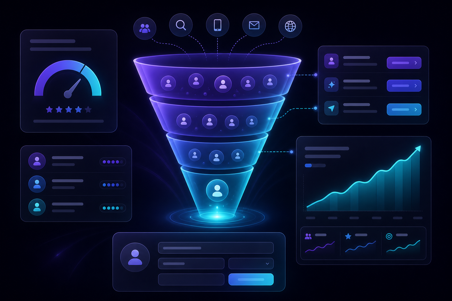 Lead funnel with lead scoring gauge and personalized calls to action